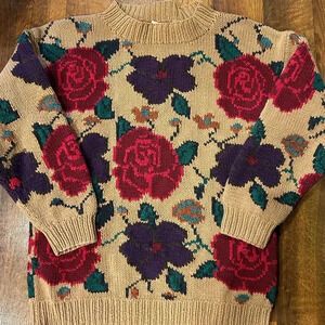 Brooks Brothers Tan Sweater with Red and Purple Floral Design